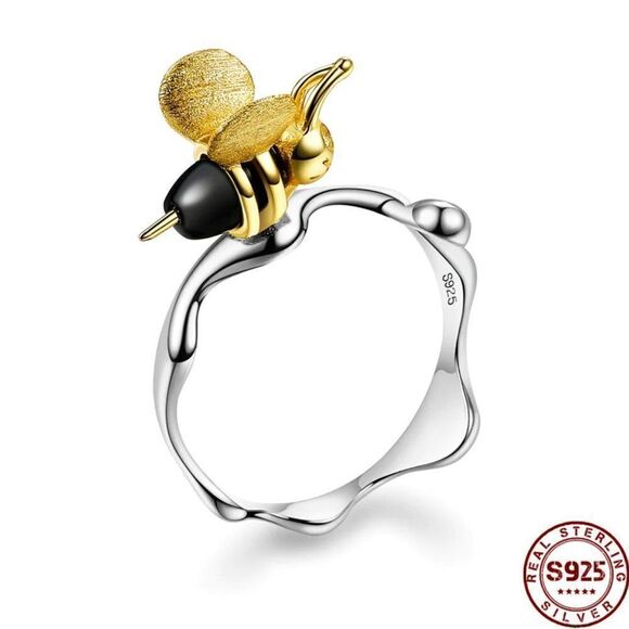 925 Sterling Silver & 18K Gold Plated Honey Drip Bumblebee Ring Size 9 - Picture 5 of 7